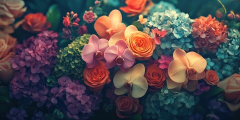 Fototapeta premium Vintage Floral Wall with Vibrant Roses Hydrangeas and Orchids