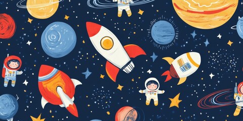 a space themed lunch napkin with rockets and planets, Quirky and fun space-themed pattern featuring planets and rockets