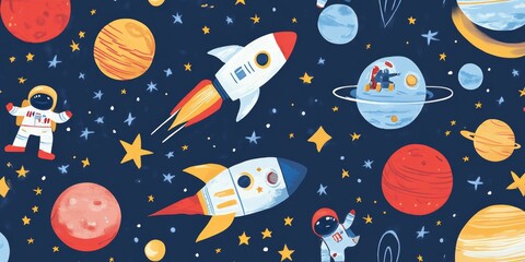 a space themed lunch napkin with rockets and planets, Quirky and fun space-themed pattern featuring planets and rockets