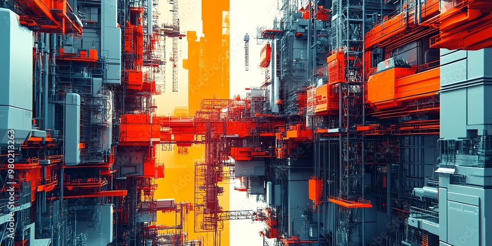 Poster abstract geometric structure with red and grey colored futuristic architecture with an orange backgr