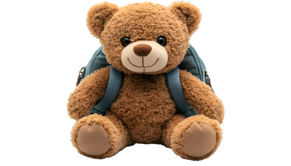Obraz premium A teddy bear wearing a backpack, seated against a clean white background, exuding a sense of adventure and playfulness. 