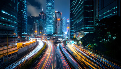 Naklejka premium A bustling city at night, with skyscrapers illuminated and traffic creating streaks of light