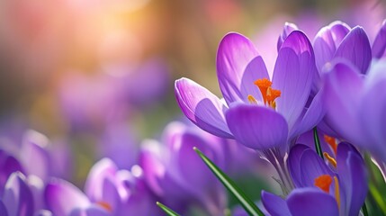 Purple Crocuses Blooming in Spring: Close Up Macro Photography