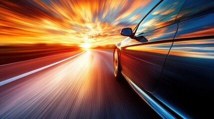 Obraz premium Lone car driving on a deserted highway at sunset, golden light reflecting off the hood, symbolizing solitude and freedom. Silhouette sharply contrasts vibrant sky