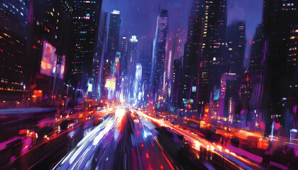 Obraz premium A bustling city at night, with skyscrapers illuminated and traffic creating streaks of light