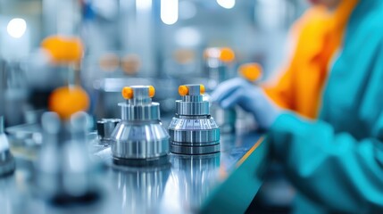 Close-up of metal components on a production line, showcasing precision engineering and industrial processes in a factory.
