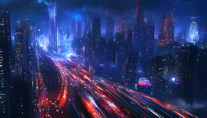 Fototapeta premium A bustling city at night, with skyscrapers illuminated and traffic creating streaks of light