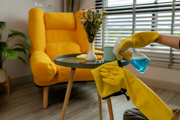 she is cleaning her apartment every weekend to keep everything neat, living room has no dust at all, wearing protection while cleaning which is gloves and apron, furniture, maid