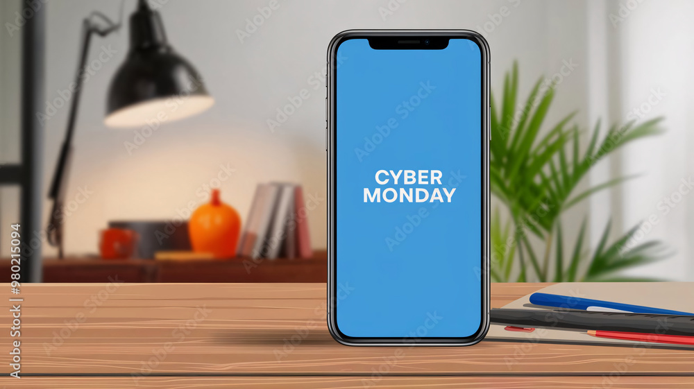 Poster mobile mockup on table in room with the text of cyber monday.