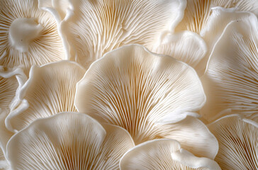 Fototapeta premium A close up of fresh oyster mushrooms with visible gills and white color arranged in an elegant pattern