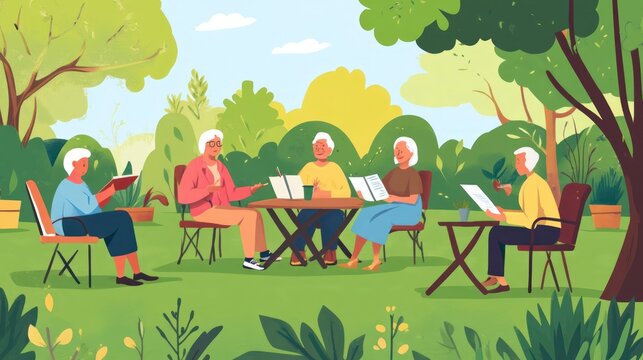 A lively outdoor flipped classroom activity where senior participants review notes and learning materials learned at home, then apply their knowledge to a hands-on project, gardening, or crafting.