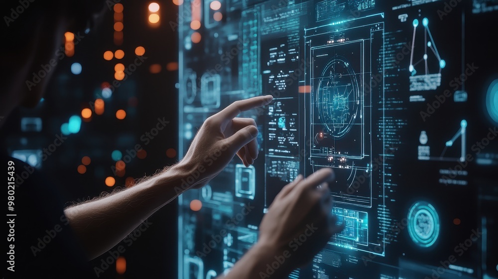 Poster man interacting with futuristic interface