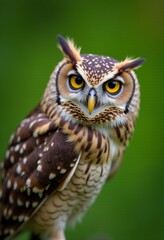 Macro Photography: A Close-Up of a Curious Little Brown Owl with Bright Yellow Eyes against a Vibrant Green Background