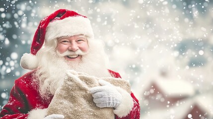 Cheerful Santa holding a sack in a snowy setting.