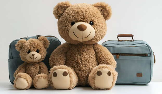 Three teddy bears are positioned beside a blue suitcase, creating a charming and whimsical scene.