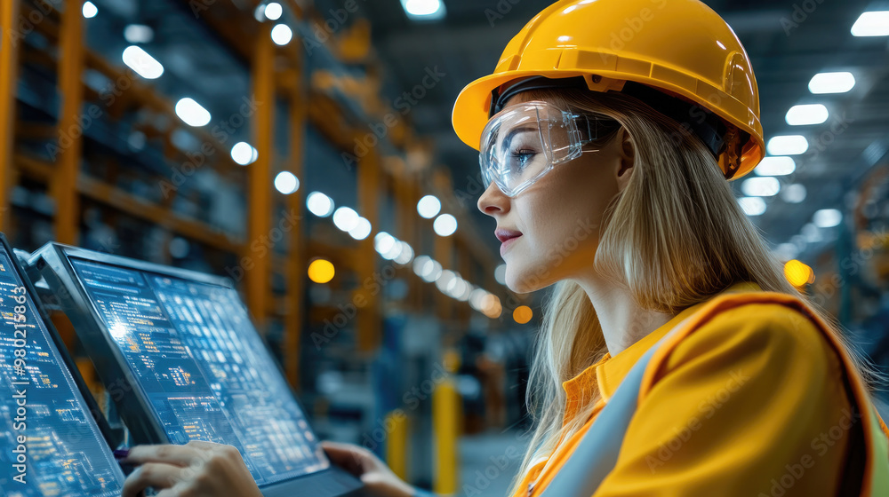 Poster efficient engineers monitor big data analytics in modern industrial setting, showcasing advanced tec