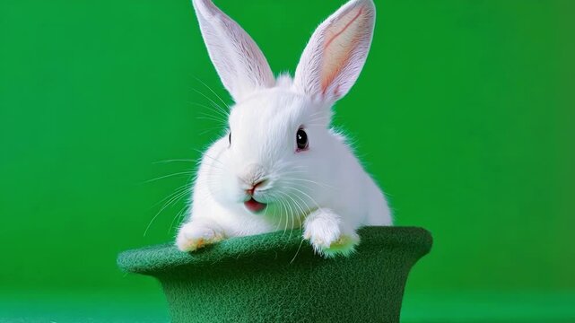 White rabbit is peeking out of a green hat on a green screen background, perfect for easy chroma keying and creating unique compositions
