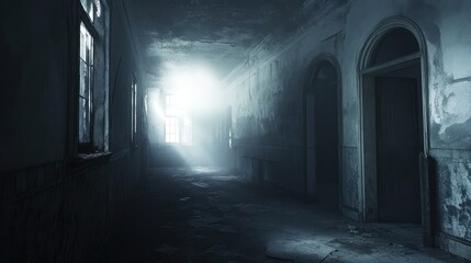 A somber and atmospheric scene of an abandoned, eerie asylum visited by dark tourism travelers, with fog rolling in and shadows playing against the decaying walls