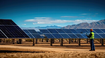 A solar power plant in a desert setting, rows of solar panels capturing the sun's energy, with a technician monitoring the system, representing the future of clean energy
