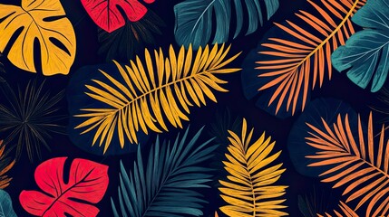 Colorful tropical leaves on a dark background.