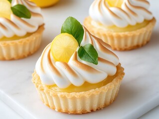Mini lemon tart with meringue topping, white background, simple and fresh