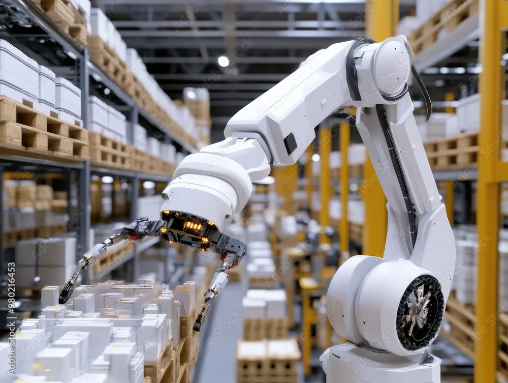 Poster automated robotic arm lifting heavy goods in warehouse, showcasing advanced technology and efficienc