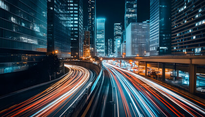 Fototapeta premium A bustling city at night, with skyscrapers illuminated and traffic creating streaks of light