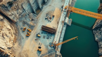 An aerial view of drones constructing a large-scale infrastructure project, such as a bridge or dam, showcasing the efficiency and coordination of drone technology in construction