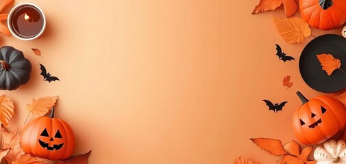 Halloween party with decorations flat design, top view, event theme, 3D render, Complementary Color Scheme