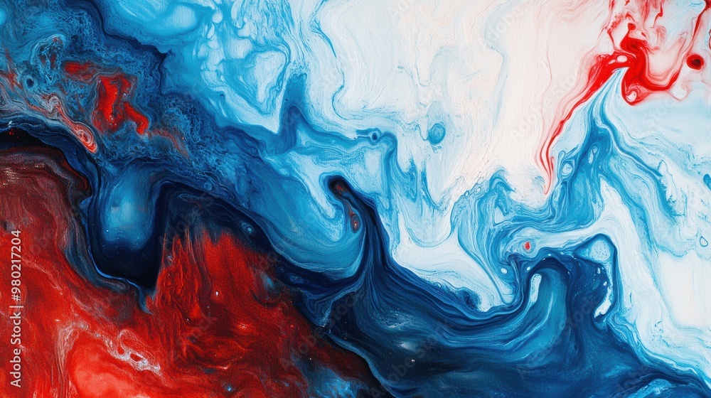 Poster wavy patterns of blue and red intertwine elegantly, forming an abstract fluid art composition full o
