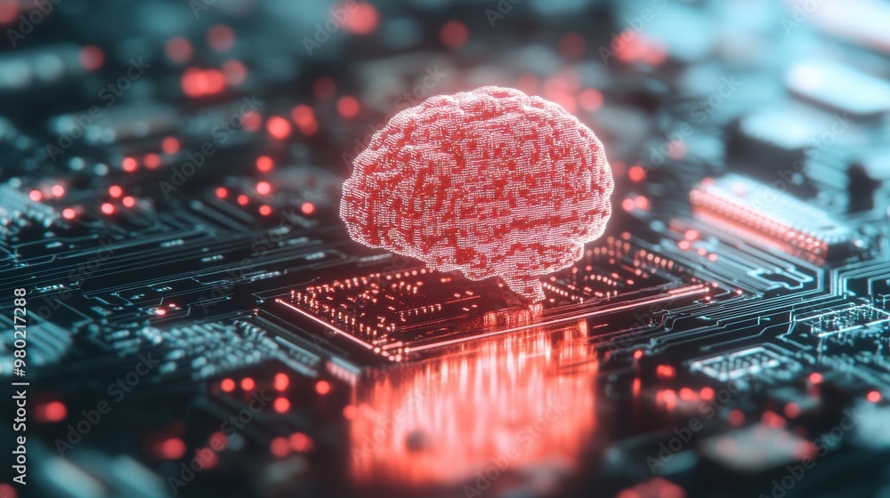 Poster a representation of artificial intelligence emerges on a circuit board, symbolizing advanced technol