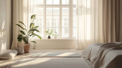 Minimalist Bedroom with Sunlight Streaming Through White Curtains