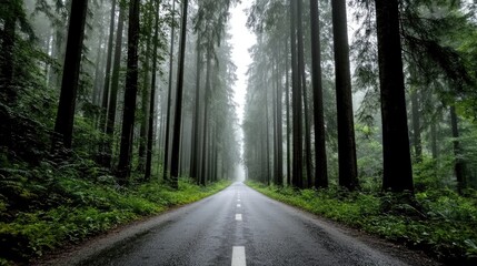 foggy narrow road winding through a dense forest