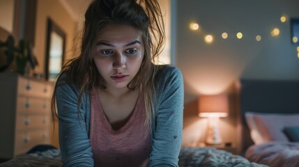 Portrait of a young woman sitting sadly waiting for a call in a bedroom, looking at a cell phone, sad face.