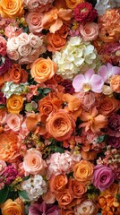 Vintage Floral Wall with Vibrant Roses Hydrangeas and Orchids