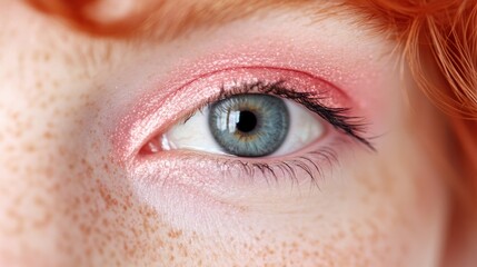 Fototapeta premium The striking blue iris contrasts beautifully with the pink eyeshadow, highlighting the woman's unique features and vibrant red hair