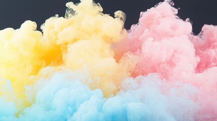 Vibrant ink clouds mix and flow in water, showcasing vivid colors like yellow, pink, and blue, contrasted against a dark backdrop