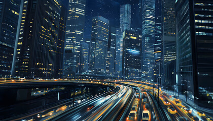 Obraz premium A bustling city at night, with skyscrapers illuminated and traffic creating streaks of light