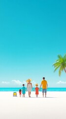 A diverse family on a beach vacation flat design, side view, summer theme, 3D render, Splitcomplementary color scheme