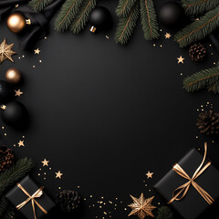 A black background with a gold border and a Christmas tree with a star on it. There are many Christmas decorations including a box with a bow on it