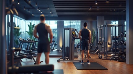 Obraz premium Modern Gym with Two Men Exercising