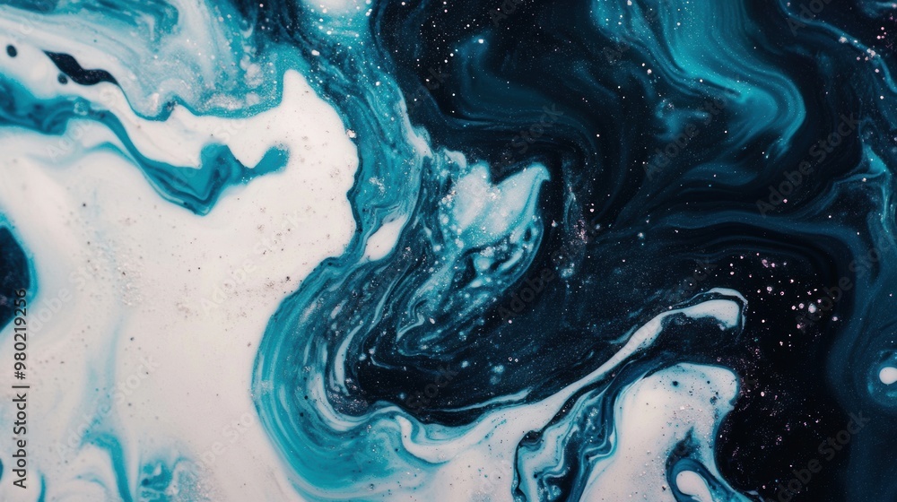 Poster this artwork showcases flowing abstract patterns in cool tones, blending teal and white with hints o