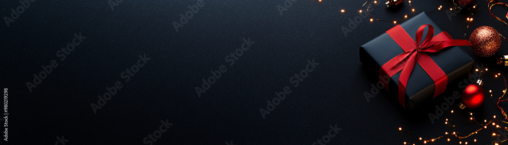 Poster a black background with a red box and red ribbon on top of it