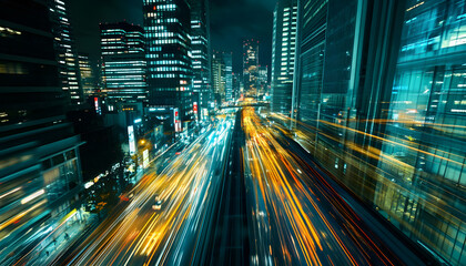 Obraz premium A bustling city at night, with skyscrapers illuminated and traffic creating streaks of light
