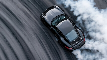 A sleek sports car drifts around corner, leaving trail of smoke and tire marks on asphalt. dynamic motion captures thrill of speed and precision driving