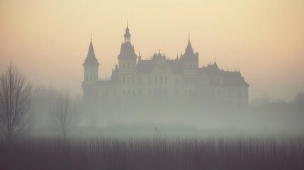 Fototapeta premium A majestic castle emerges from the mist during a tranquil morning, creating an ethereal ambiance in the landscape