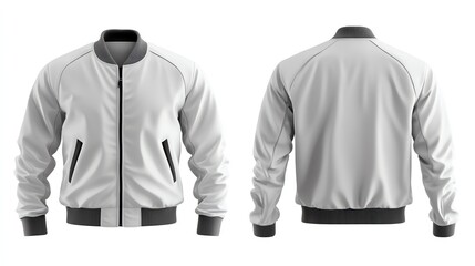 Blank white bomber jacket with black ribbed collar, cuffs, and hem, isolated on a white background.