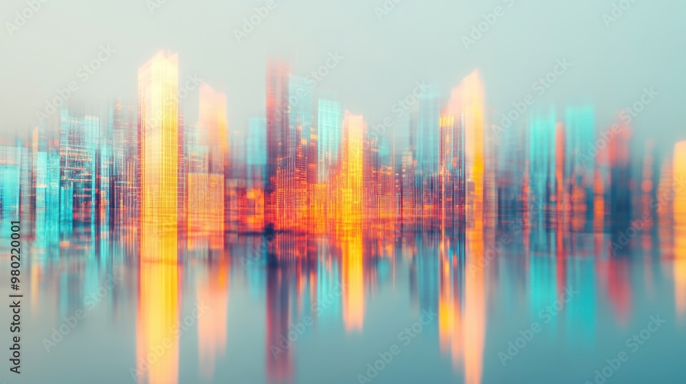 Wall mural the futuristic city features glowing houses with bright colors, creating a dazzling reflection on th