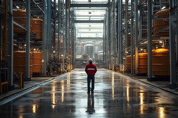 Obraz premium A maintenance supervisor performing an on-site inspection of oil storage tanks, ensuring safe storage of oil products and preventing leaks through regular maintenance and safety checks. 