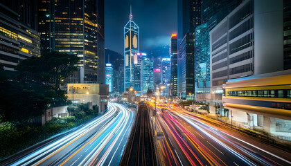 Naklejka premium A bustling city at night, with skyscrapers illuminated and traffic creating streaks of light
